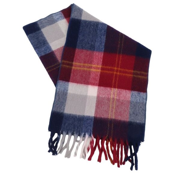 Unisex Red White Blue Plaid Tartan Check Fringe Trim Winter Scarf One Size OSFM - Picture 1 of 6
